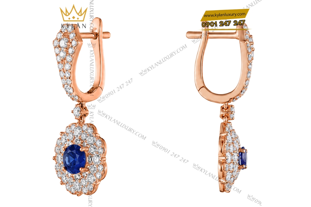 Kỳ Lân Luxury Bong tai vang hong Au750 dinh sapphire xanh 6 Bông tai vàng hồng Au750 đính sapphire xanh