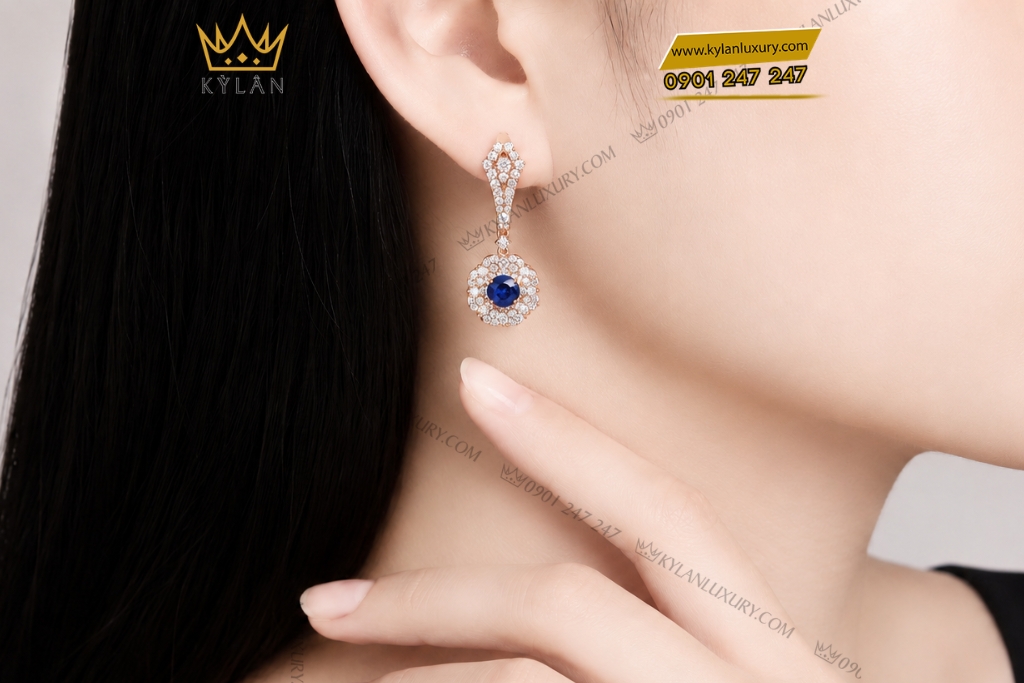 Bông tai vàng hồng Au750 đính sapphire xanh