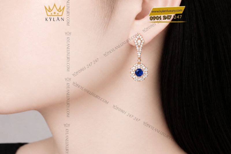Bông tai vàng hồng Au750 đính sapphire xanh