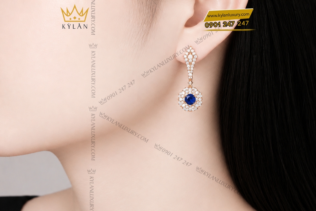 Bông tai vàng hồng Au750 đính sapphire xanh