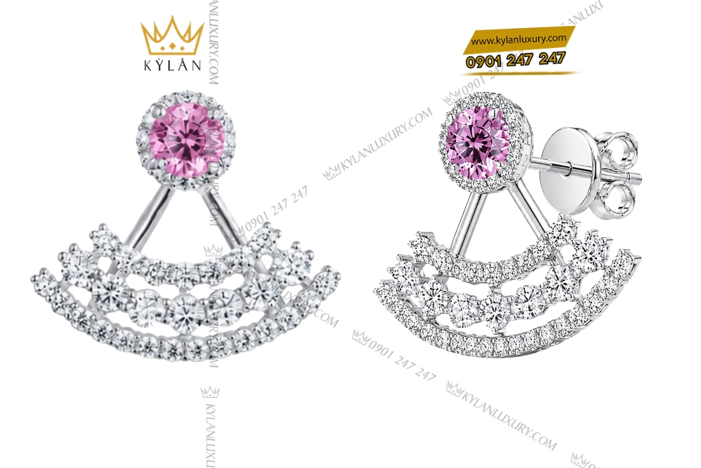 Bông tai vàng trắng Au750 đính kim cương và sapphire hồng 2 Bông tai vàng trắng Au750 đính kim cương và sapphire hồng