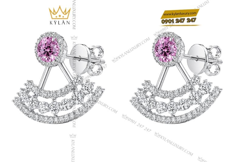 Bông tai vàng trắng Au750 đính kim cương và sapphire hồng