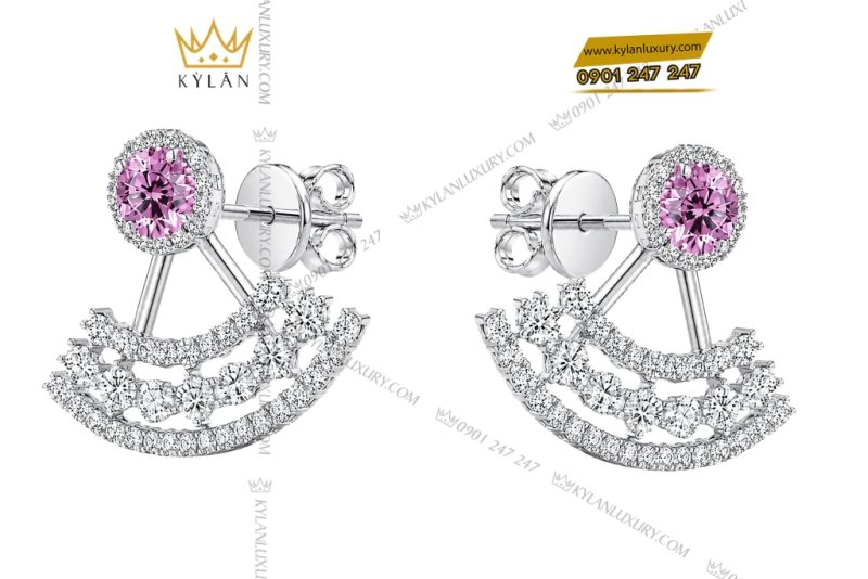 Bông tai vàng trắng Au750 đính kim cương và sapphire hồng