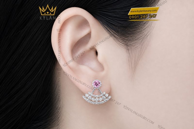 Bông tai vàng trắng Au750 đính kim cương và sapphire hồng