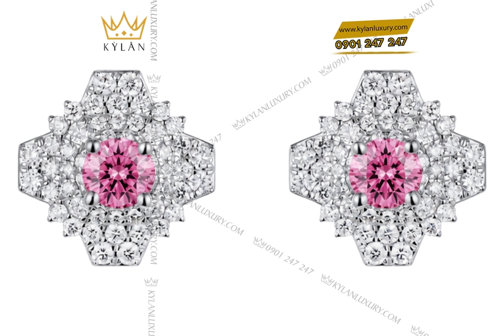 Bông tai vàng trắng Au750 đính kim cương và sapphire hồng