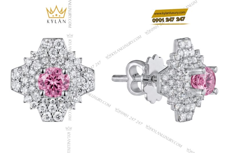Bông tai vàng trắng Au750 đính kim cương và sapphire hồng