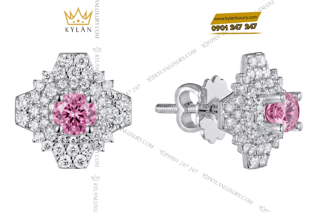 Bông tai vàng trắng Au750 đính kim cương và sapphire hồng