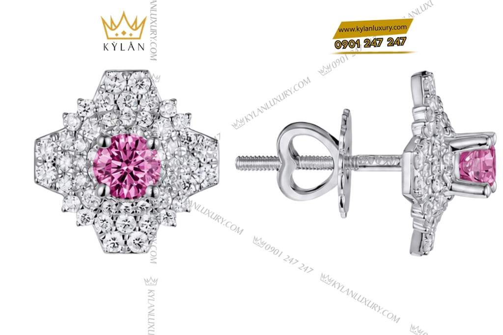 Kỳ Lân Luxury Bong tai vang trang Au750 dinh kim cuong va sapphire hong 4 1 Bông tai vàng trắng Au750 đính kim cương và sapphire hồng