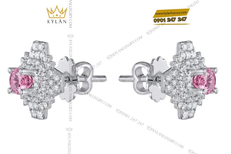 Bông tai vàng trắng Au750 đính kim cương và sapphire hồng