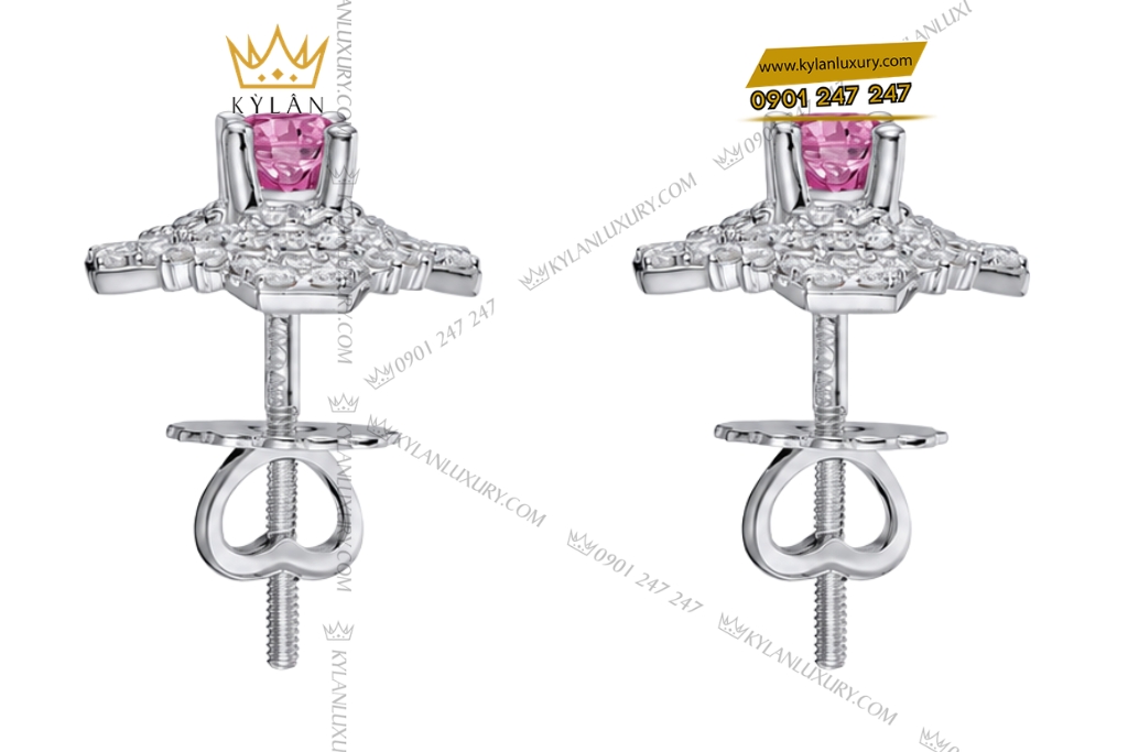 Bông tai vàng trắng Au750 đính kim cương và sapphire hồng