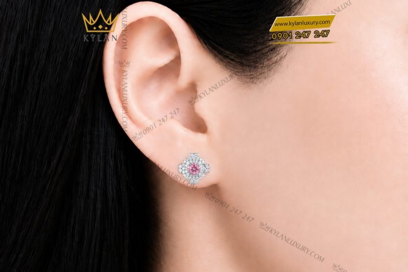 Bông tai vàng trắng Au750 đính kim cương và sapphire hồng