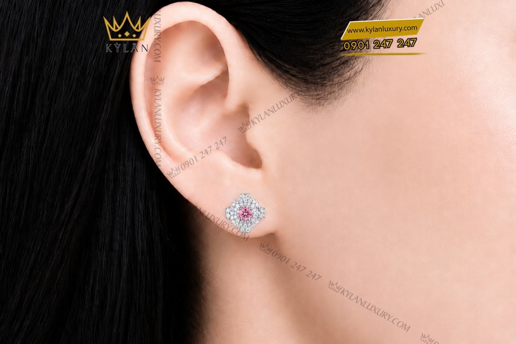 Bông tai vàng trắng Au750 đính kim cương và sapphire hồng