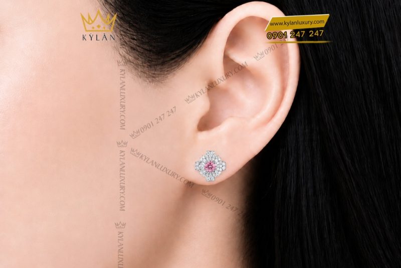 Bông tai vàng trắng Au750 đính kim cương và sapphire hồng