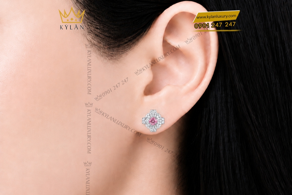Bông tai vàng trắng Au750 đính kim cương và sapphire hồng