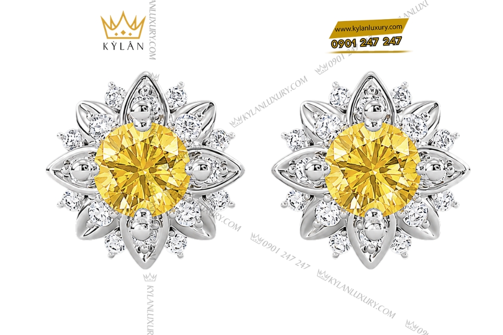 Bông tai vàng trắng Au750 đính kim cương và sapphire vàng