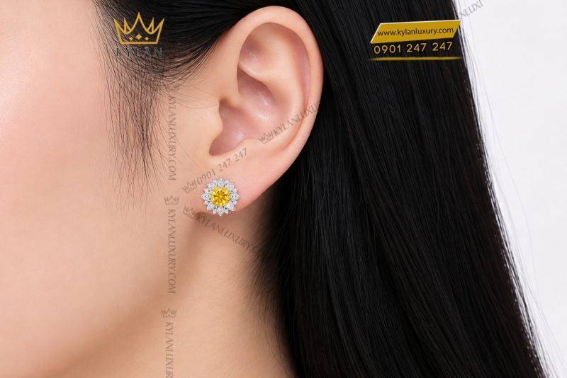Bông tai vàng trắng Au750 đính kim cương và sapphire vàng