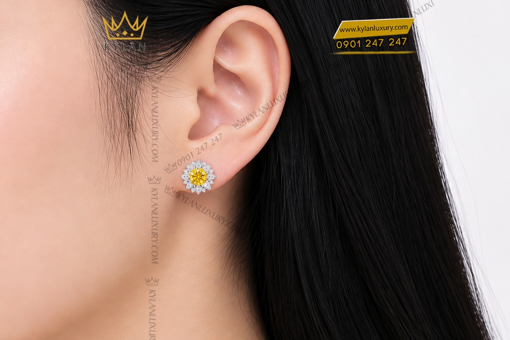 Bông tai vàng trắng Au750 đính kim cương và sapphire vàng
