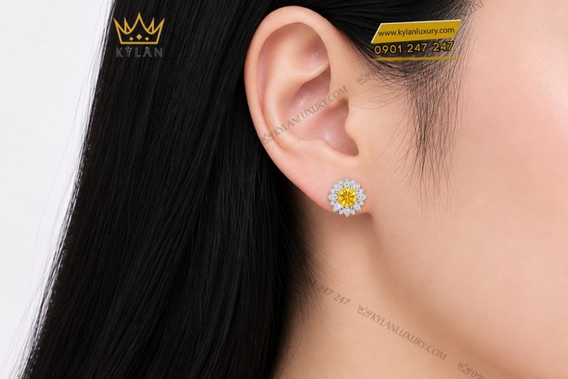 Bông tai vàng trắng Au750 đính kim cương và sapphire vàng