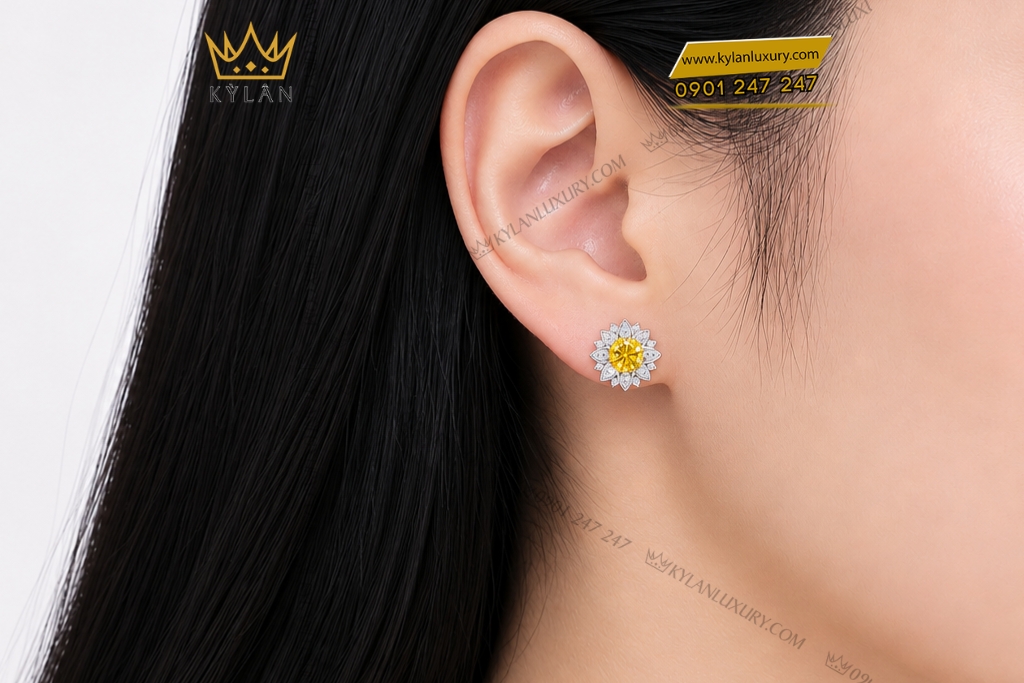 Bông tai vàng trắng Au750 đính kim cương và sapphire vàng
