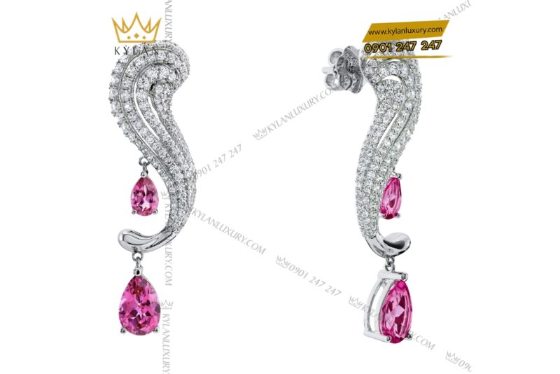 Bông tai vàng trắng Au750 đính sapphire hồng