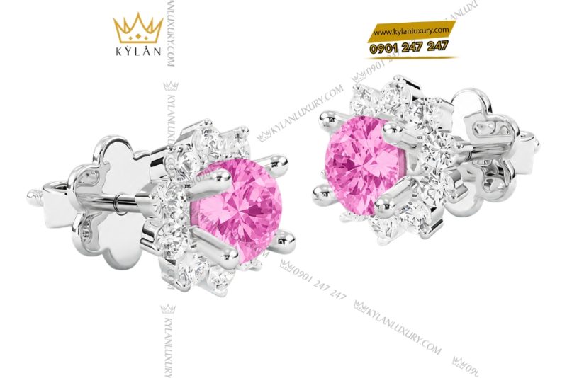 Bông tai vàng trắng Au750 đính sapphire hồng