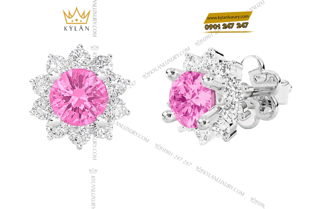 Bông tai vàng trắng Au750 đính sapphire hồng 5 Bông tai vàng trắng Au750 đính sapphire hồng