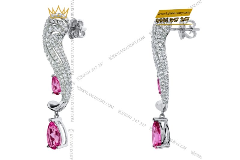 Bông tai vàng trắng Au750 đính sapphire hồng