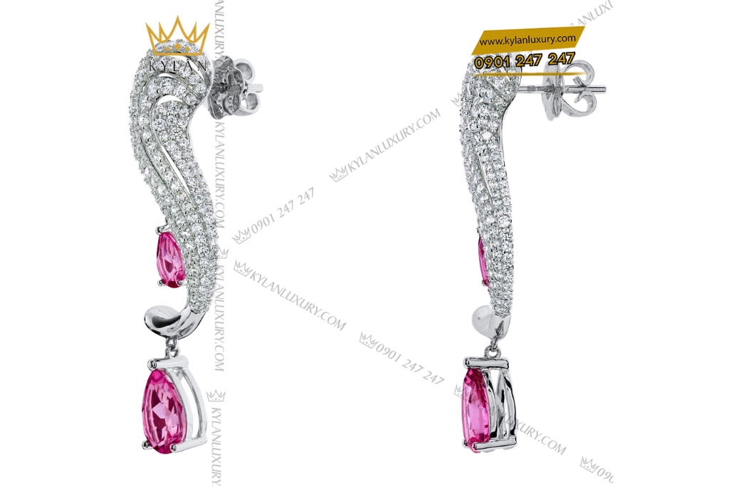 Bông tai vàng trắng Au750 đính sapphire hồng 5 Bông tai vàng trắng Au750 đính sapphire hồng