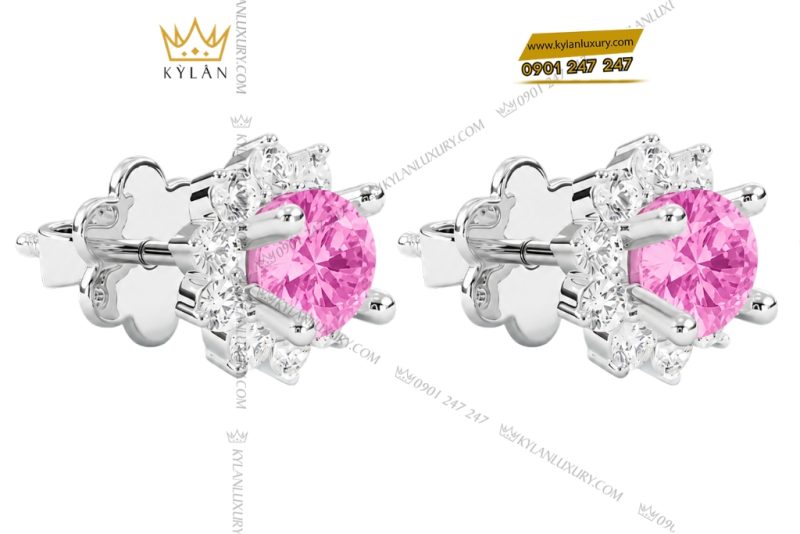 Bông tai vàng trắng Au750 đính sapphire hồng