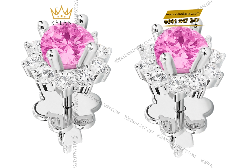 Bông tai vàng trắng Au750 đính sapphire hồng 7 Bông tai vàng trắng Au750 đính sapphire hồng