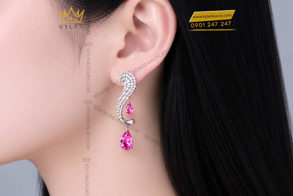 Bông tai vàng trắng Au750 đính sapphire hồng 4 Bông tai vàng trắng Au750 đính sapphire hồng