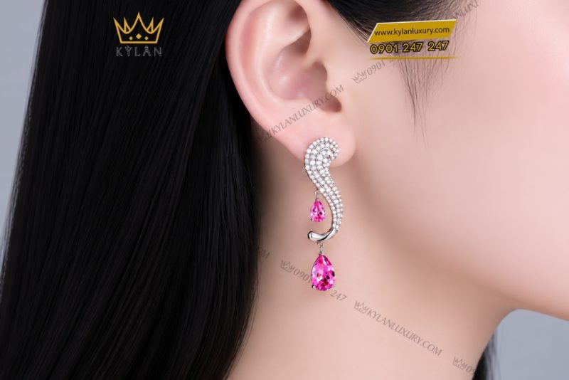 Bông tai vàng trắng Au750 đính sapphire hồng