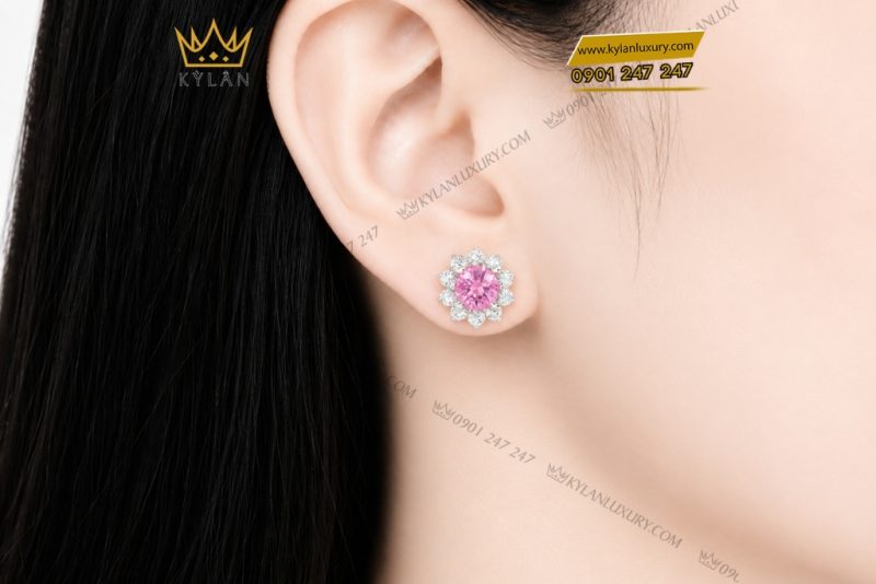 Bông tai vàng trắng Au750 đính sapphire hồng