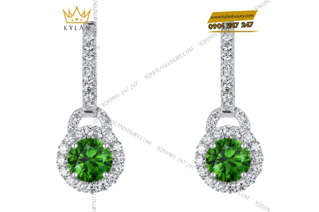 Kỳ Lân Luxury Bong tai vang trang Au750 dinh sapphire xanh la 1 1 Bông tai vàng trắng Au750 đính sapphire xanh lá