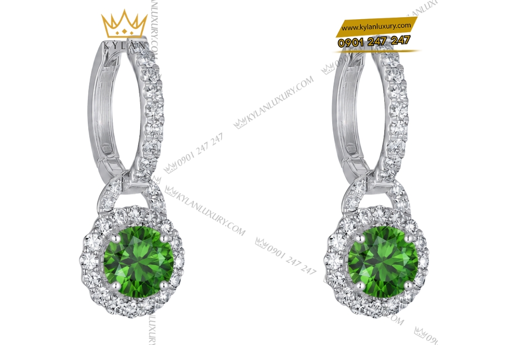 Bông tai vàng trắng Au750 đính sapphire xanh lá