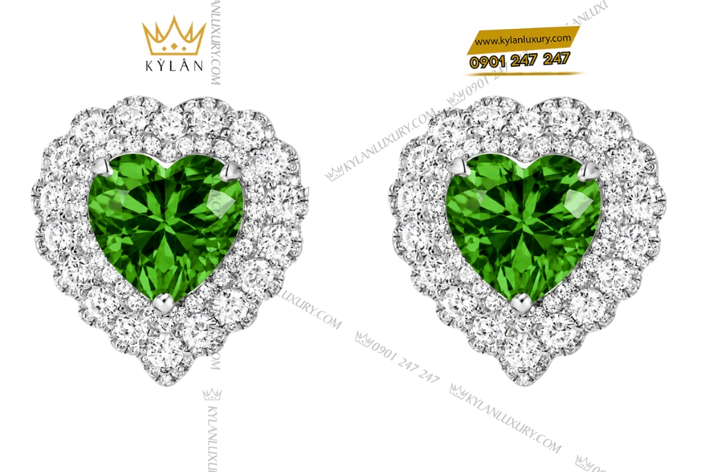 Bông tai vàng trắng Au750 đính sapphire xanh lá