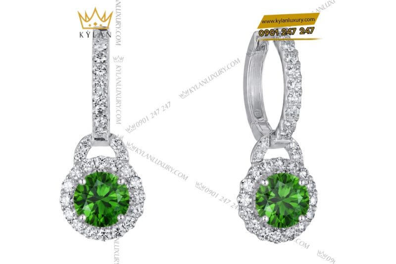 Bông tai vàng trắng Au750 đính sapphire xanh lá