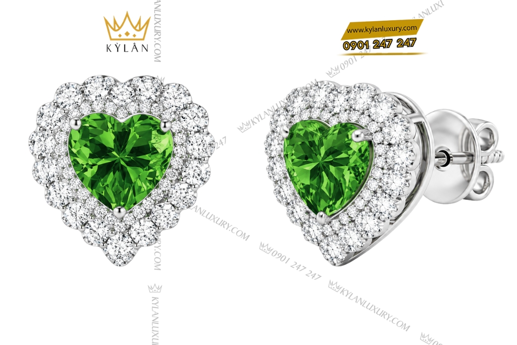 Bông tai vàng trắng Au750 đính sapphire xanh lá