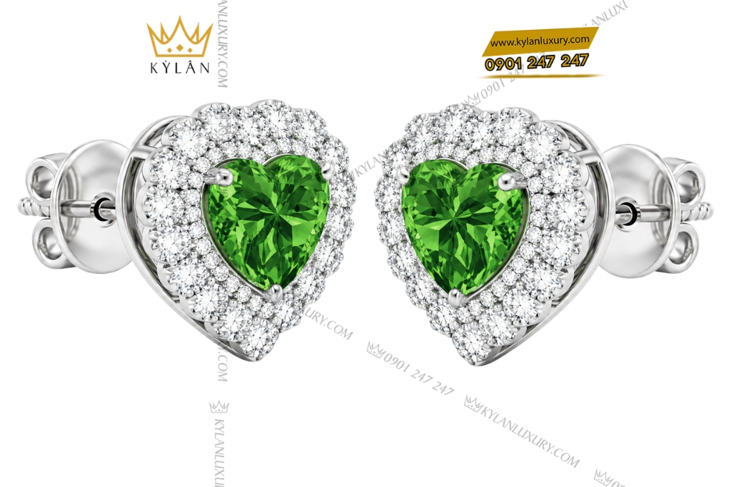 Bông tai vàng trắng Au750 đính sapphire xanh lá