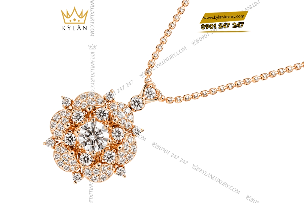 Kỳ Lân Luxury Day chuyen bong hoa vang hong Au750 dinh vien chu 6ly3 4 Dây chuyền bông hoa vàng hồng Au750 đính viên chủ 6ly3
