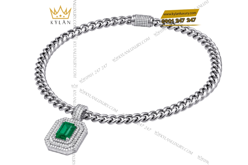 Dây chuyền nam vàng trắng Au750 đính ngọc lục bảo