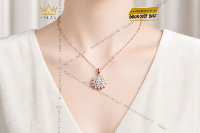 Dây chuyền vàng hồng Au750 đính kim cương