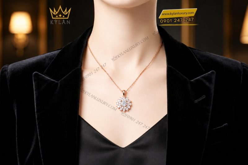 Dây chuyền vàng hồng Au750 đính kim cương