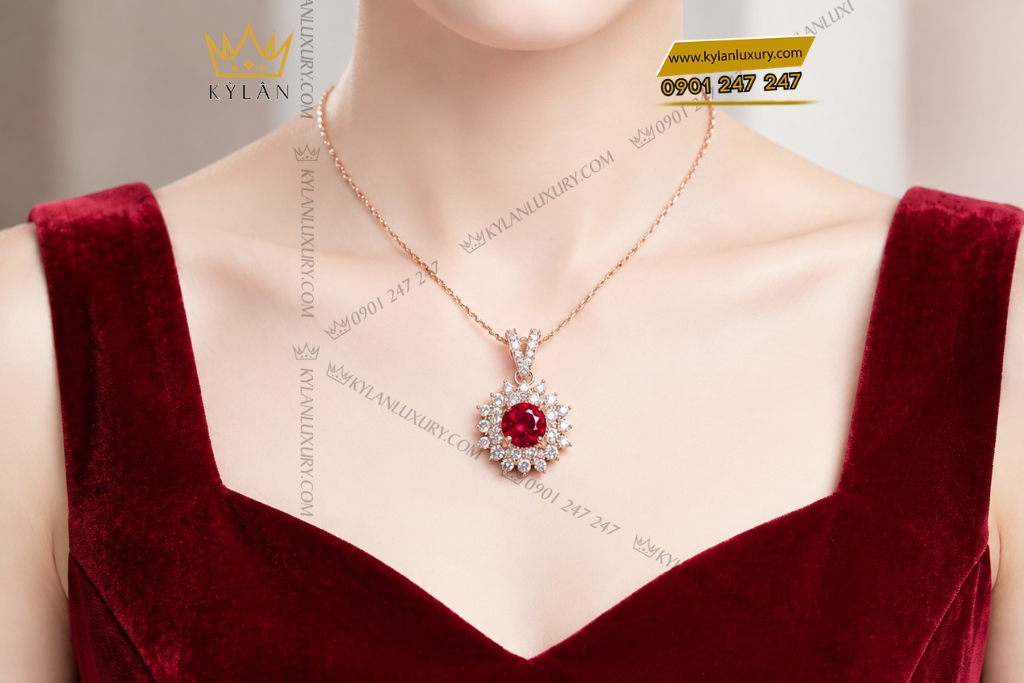 Kỳ Lân Luxury Day chuyen vang hong Au750 dinh sapphire do 10 Dây chuyền vàng hồng Au750 đính sapphire đỏ