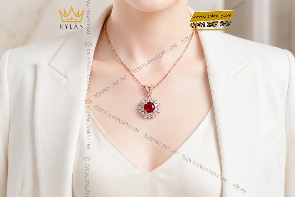 Dây chuyền vàng hồng Au750 đính sapphire đỏ