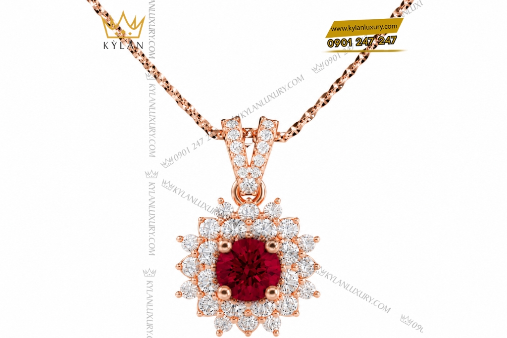 Dây chuyền vàng hồng Au750 đính sapphire đỏ