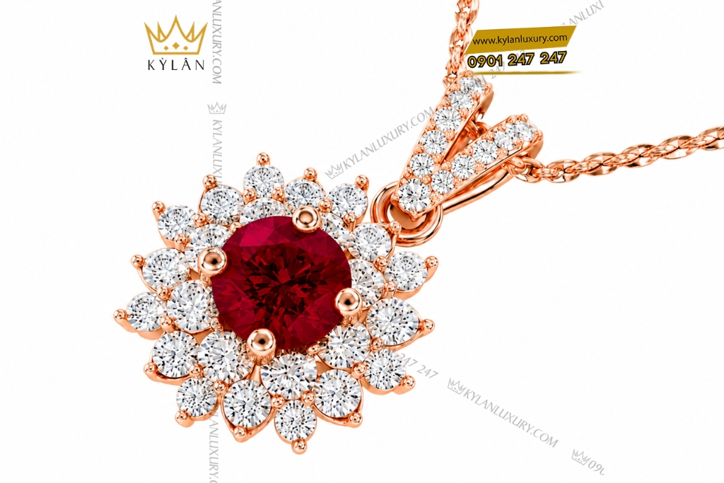 Kỳ Lân Luxury Day chuyen vang hong Au750 dinh sapphire do 5 Dây chuyền vàng hồng Au750 đính sapphire đỏ