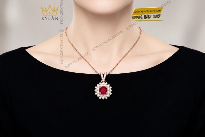Dây chuyền vàng hồng Au750 đính sapphire đỏ