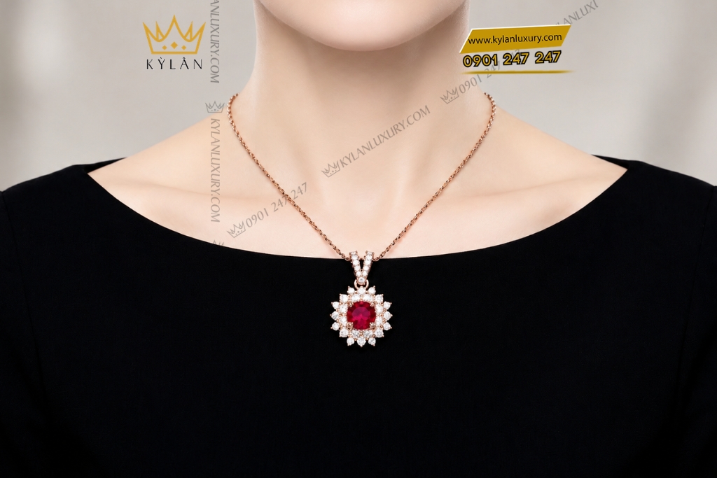 Dây chuyền vàng hồng Au750 đính sapphire đỏ