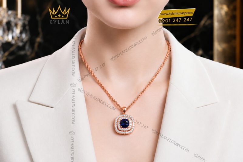 Dây chuyền vàng hồng Au750 đính sapphire xanh